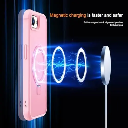 SKYLMW iPhone 16E uchun g'ilof, ko'rinmas magnit O-Ring stendli, harbiy darajadagi yarim shaffof g'ilof iPhone 16E 6.1