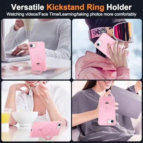 SKYLMW iPhone 16E uchun g'ilof, ko'rinmas magnit O-Ring stendli, harbiy darajadagi yarim shaffof g'ilof iPhone 16E 6.1
