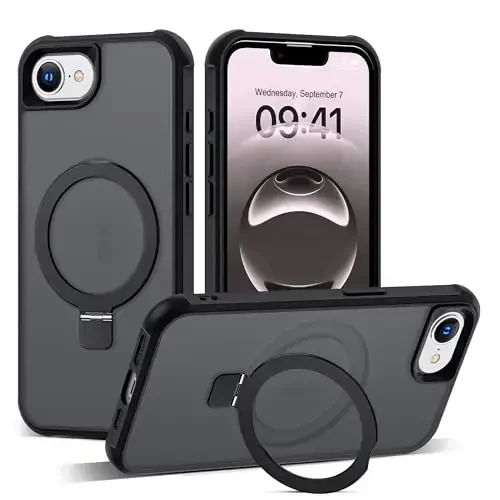 SKYLMW iPhone 16E uchun g‘ilof, ko‘rinmas magnit O-ring stendli, harbiy standartdagi yarim shaffof g‘ilof iPhone 16E 6.1