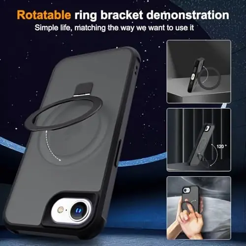 SKYLMW iPhone 16E uchun g‘ilof, ko‘rinmas magnit O-ring stendli, harbiy standartdagi yarim shaffof g‘ilof iPhone 16E 6.1