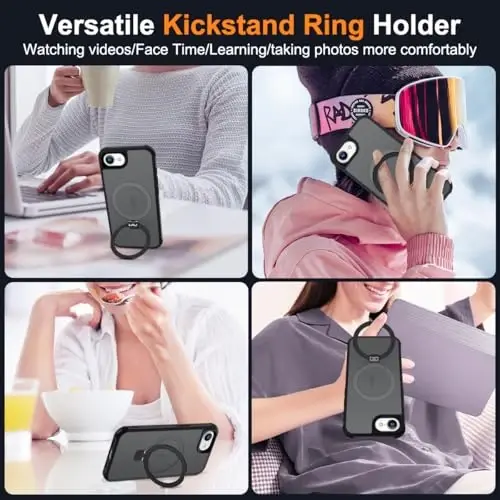 SKYLMW iPhone 16E uchun g‘ilof, ko‘rinmas magnit O-ring stendli, harbiy standartdagi yarim shaffof g‘ilof iPhone 16E 6.1