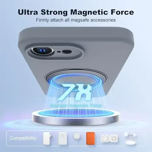 SKYLMW iPhone 16e uchun magnitli ko'rinmas stendga ega g'ilof, Mag-Safe bilan mos, harbiy standartda tushishga chidamli, zarbaga bardoshli silikon telefon g'iloflari ayollar va erkaklar uchun 6.1'', kulrang - 3