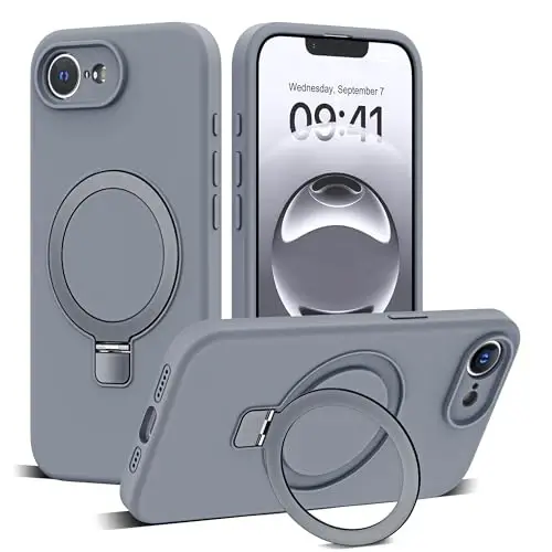 SKYLMW iPhone 16e uchun magnitli ko'rinmas stendga ega g'ilof, Mag-Safe bilan mos, harbiy standartda tushishga chidamli, zarbaga bardoshli silikon telefon g'iloflari ayollar va erkaklar uchun 6.1'', kulrang 