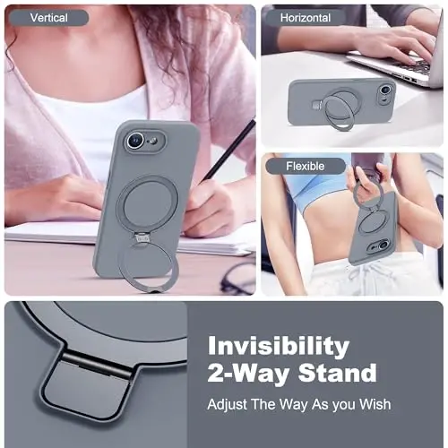 SKYLMW iPhone 16e uchun magnitli ko'rinmas stendga ega g'ilof, Mag-Safe bilan mos, harbiy standartda tushishga chidamli, zarbaga bardoshli silikon telefon g'iloflari ayollar va erkaklar uchun 6.1'', kulrang - 2