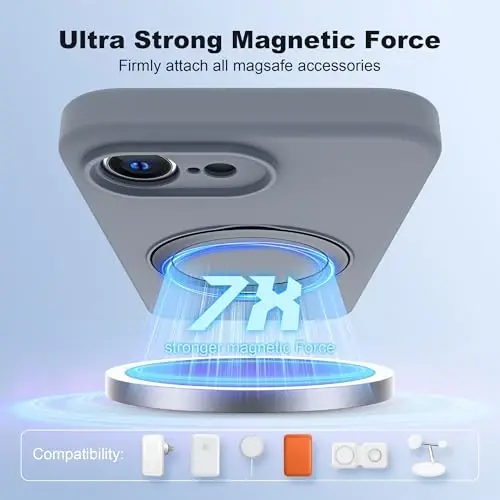SKYLMW iPhone 16e uchun magnitli ko'rinmas stendga ega g'ilof, Mag-Safe bilan mos, harbiy standartda tushishga chidamli, zarbaga bardoshli silikon telefon g'iloflari ayollar va erkaklar uchun 6.1'', kulrang - 3