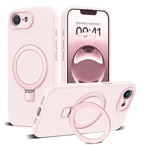 SKYLMW iPhone 16e uchun magnitli ko'rinmas stendli, Mag-Safe bilan mos, harbiy standartlarda zarbga chidamli silikon telefon g'iloflari ayollar va erkaklar uchun 6.1'', pushti - SKYLMW