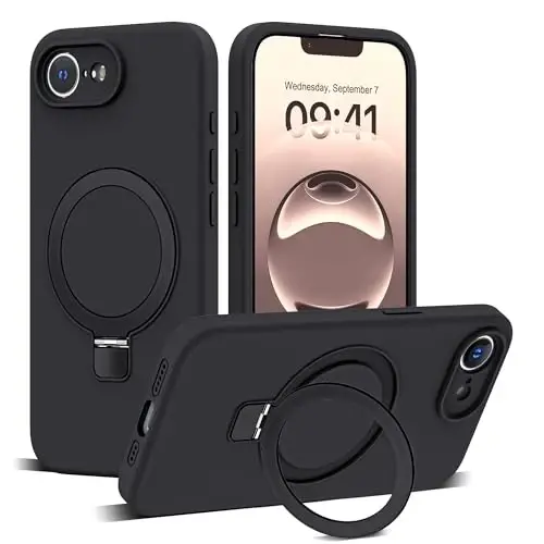 SKYLMW iPhone 16e uchun mo'ljallangan g'ilof, magnitli ko'rinmas stend bilan, Mag-Safe bilan mos keladi, harbiy standartda tushishga chidamli, zarbaga bardoshli silikon telefon g'iloflari ayollar va erkaklar uchun 6.1'', qora - SKYLMW