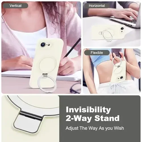 SKYLMW iPhone 16e uchun mo'ljallangan g'ilof, magnitli ko'rinmas stendga ega, Mag-Safe bilan mos, harbiy standartlarga muvofiq tushishga sinovdan o'tgan zarbaga chidamli silikon telefon g'iloflari ayollar va erkaklar uchun 6.1'', oq - SKYLMW (1)