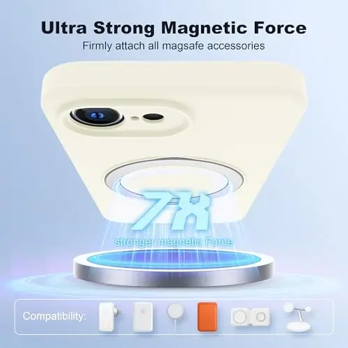 SKYLMW iPhone 16e uchun mo'ljallangan g'ilof, magnitli ko'rinmas stendga ega, Mag-Safe bilan mos, harbiy standartlarga muvofiq tushishga sinovdan o'tgan zarbaga chidamli silikon telefon g'iloflari ayollar va erkaklar uchun 6.1'', oq - 3