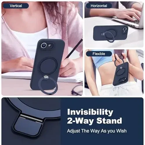 SKYLMW iPhone 16e uchun mo'ljallangan, magnitli ko'rinmas stendga ega g'ilof Mag-Safe bilan mos keladi, harbiy sinovdan o'tgan zarbaga chidamli silikon telefon g'iloflari ayollar va erkaklar uchun 6.1'', to'q ko'k - 2