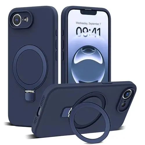 SKYLMW iPhone 16e uchun mo'ljallangan, magnitli ko'rinmas stendga ega g'ilof Mag-Safe bilan mos keladi, harbiy sinovdan o'tgan zarbaga chidamli silikon telefon g'iloflari ayollar va erkaklar uchun 6.1'', to'q ko'k - 1