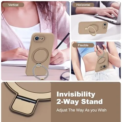 SKYLMW iPhone 16e uchun moʻljallangan magnitli koʻrinmas stendli gʻilof Mag-Safe bilan mos keladi Harbiy sinovdan oʻtgan zarbaga chidamli silikon telefon gʻiloflari ayollar erkaklar uchun 6.1'', jigarrang - 2