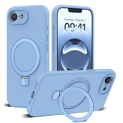SKYLMW iPhone 16e uchun mo'ljallangan magnitli ko'rinmas stendli g'ilof Mag-Safe bilan mos keladi Harbiy tomchiga chidamli zarbga chidamli silikon telefon g'iloflari ayollar erkaklar uchun 6.1'', Moviy - 1