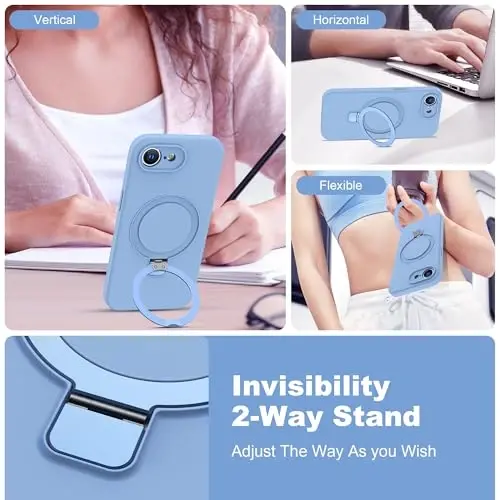 SKYLMW iPhone 16e uchun mo'ljallangan magnitli ko'rinmas stendli g'ilof Mag-Safe bilan mos keladi Harbiy tomchiga chidamli zarbga chidamli silikon telefon g'iloflari ayollar erkaklar uchun 6.1'', Moviy - 2