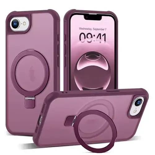 SKYLMW iPhone 16E uchun mos keladigan g'ilof, ko'rinmas magnit O-ring stendga ega harbiy standartdagi yarim shaffof g'ilof iPhone 16E 6.1