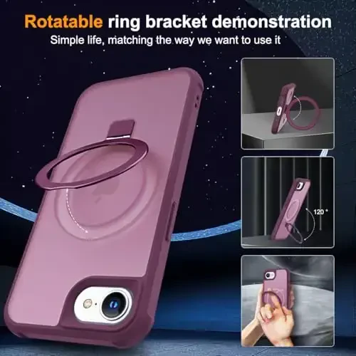 SKYLMW iPhone 16E uchun mos keladigan g'ilof, ko'rinmas magnit O-ring stendga ega harbiy standartdagi yarim shaffof g'ilof iPhone 16E 6.1