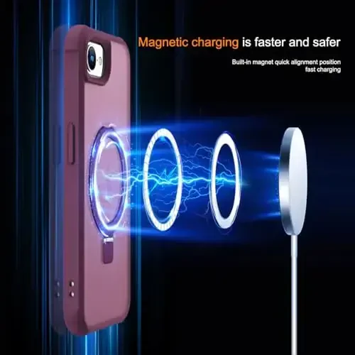 SKYLMW iPhone 16E uchun mos keladigan g'ilof, ko'rinmas magnit O-ring stendga ega harbiy standartdagi yarim shaffof g'ilof iPhone 16E 6.1