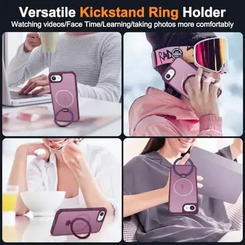 SKYLMW iPhone 16E uchun mos keladigan g'ilof, ko'rinmas magnit O-ring stendga ega harbiy standartdagi yarim shaffof g'ilof iPhone 16E 6.1