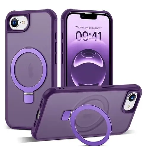 SKYLMW iPhone 16E uchun mos keladigan g'ilof, ko'rinmas magnit O-Ring stendli, harbiy standartdagi yarim shaffof g'ilof iPhone 16E 6.1
