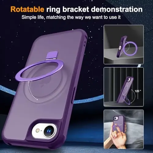 SKYLMW iPhone 16E uchun mos keladigan g'ilof, ko'rinmas magnit O-Ring stendli, harbiy standartdagi yarim shaffof g'ilof iPhone 16E 6.1