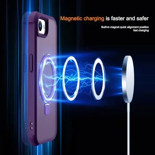 SKYLMW iPhone 16E uchun mos keladigan g'ilof, ko'rinmas magnit O-Ring stendli, harbiy standartdagi yarim shaffof g'ilof iPhone 16E 6.1