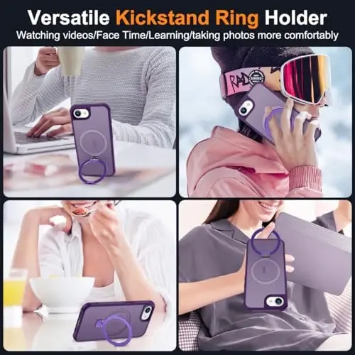 SKYLMW iPhone 16E uchun mos keladigan g'ilof, ko'rinmas magnit O-Ring stendli, harbiy standartdagi yarim shaffof g'ilof iPhone 16E 6.1