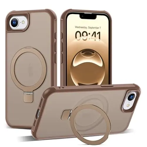 SKYLMW iPhone 16E uchun mos keladigan, ko'rinmas magnit O-Ring stendga ega, harbiy darajadagi yarim shaffof g'ilof iPhone 16E 6.1