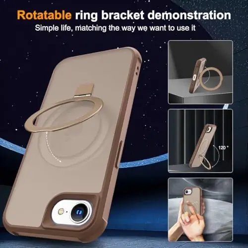 SKYLMW iPhone 16E uchun mos keladigan, ko'rinmas magnit O-Ring stendga ega, harbiy darajadagi yarim shaffof g'ilof iPhone 16E 6.1