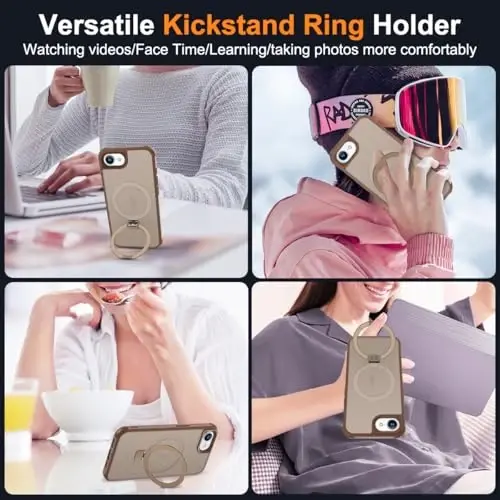 SKYLMW iPhone 16E uchun mos keladigan, ko'rinmas magnit O-Ring stendga ega, harbiy darajadagi yarim shaffof g'ilof iPhone 16E 6.1