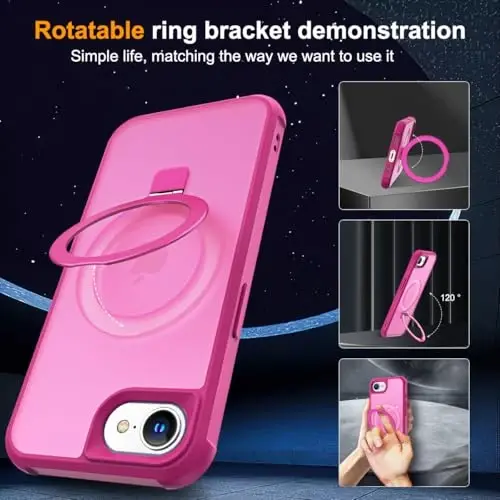SKYLMW iPhone 16E uchun mos keladigan, ko'rinmas magnit O-Ring stendiga ega harbiy standartdagi yarim shaffof g'ilof iPhone 16E 6.1