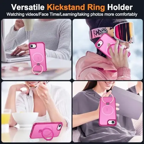 SKYLMW iPhone 16E uchun mos keladigan, ko'rinmas magnit O-Ring stendiga ega harbiy standartdagi yarim shaffof g'ilof iPhone 16E 6.1
