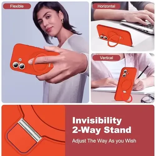 SKYLMW iPhone 17 bilan mos keluvchi magnitli ko'rinmas stend bilan Mag-Safe harbiy tomchiga chidamli zarbga chidamli silikon iPhone 17 ayollar erkaklar uchun telefon qutilari 6.3