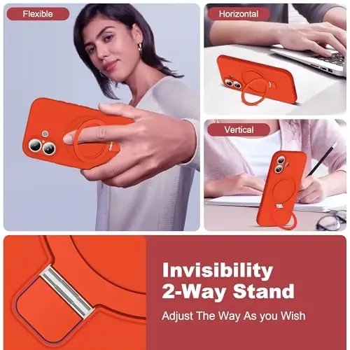 SKYLMW iPhone 17 bilan mos keluvchi magnitli ko'rinmas stend bilan Mag-Safe harbiy tomchiga chidamli zarbga chidamli silikon iPhone 17 ayollar erkaklar uchun telefon qutilari 6.3