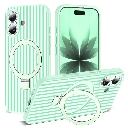 SKYLMW Compatible with iPhone 17 Case with Magnetic Invisible Stand [Compatible with Mag-Safe][Cute Aesthetic Striped Pattern] Silicone 17 Phone Case for Women Men 6.3