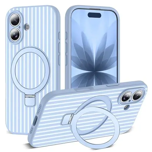 SKYLMW Compatible with iPhone 17 Case with Magnetic Invisible Stand [Compatible with Mag-Safe][Cute Aesthetic Striped Pattern] Silicone 17 Phone Case for Women Men 6.3