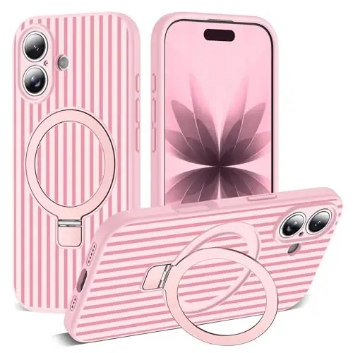 SKYLMW Compatible with iPhone 17 Case with Magnetic Invisible Stand [Compatible with Mag-Safe][Cute Aesthetic Striped Pattern] Silicone 17 Phone Case for Women Men 6.3