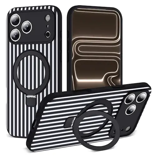 SKYLMW Compatible with iPhone 17 Pro Max Case with Magnetic Invisible Stand [Compatible with Mag-Safe][Cute Aesthetic Striped Pattern] Silicone 17 Pro Max Phone Case for Women Men 6.9