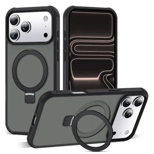 SKYLMW iPhone 17 Pro Max uchun g'ilof, ko'rinmas magnit O-Ring stend bilan, harbiy standartdagi yarim shaffof g'ilof iPhone 17 ProMax 6.9