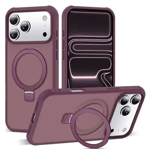 SKYLMW iPhone 17 Pro Max uchun g'ilof, ko'rinmas magnit O-ringli stend, harbiy darajadagi yarim shaffof g'ilof iPhone 17 ProMax 6.9