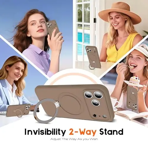 SKYLMW iPhone 17 Pro Max uchun magnitli ko'rinmas stend bilan mos keladi, Mag-Safe harbiy standartlariga mos, zarbaga chidamli silikon iPhone 17 Pro Max telefon qoplari ayollar va erkaklar uchun 6.9