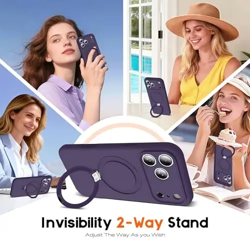 SKYLMW iPhone 17 Pro Max uchun mos, magnitli ko'rinmas stendli, Mag-Safe bilan mos, harbiy darajada tushish sinovidan o'tgan, zarbaga chidamli silikon g'ilof, ayollar va erkaklar uchun, 6.9