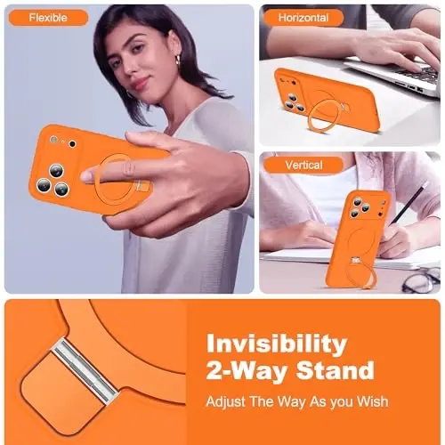 SKYLMW iPhone 17 Pro Max uchun mos, magnitli ko'rinmas stendli, Mag-Safe bilan mos, harbiy darajada tushishga chidamli, zarbaga qarshi silikon g'ilof, ayollar va erkaklar uchun, 6.9