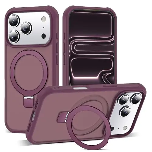 SKYLMW iPhone 17 Pro uchun g'ilof, ko'rinmas magnit O-Ring stend bilan, harbiy darajadagi yarim shaffof telefon g'ilofi iPhone 17 Pro 6.3