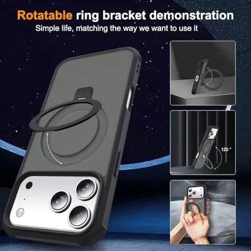 SKYLMW iPhone 17 Pro uchun g'ilof, ko'rinmas magnit O-Ring stendli, harbiy darajadagi yarim shaffof telefon g'ilofi iPhone 17 Pro 6.3