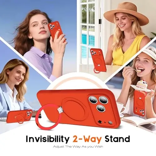 SKYLMW iPhone 17 Pro uchun magnitli ko'rinmas stendga ega g'ilof, Mag-Safe harbiy sinovdan o'tgan zarbaga chidamli silikon iPhone 17 Pro ayollar va erkaklar uchun telefon g'iloflari 6.3