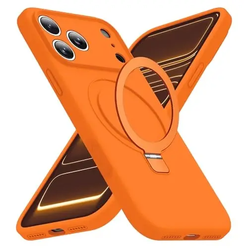 SKYLMW iPhone 17 Pro uchun magnitli ko'rinmas stendli g'ilof, Mag-Safe bilan mos, harbiy darajadagi zarbalarga chidamli silikon g'ilof, ayollar va erkaklar uchun, 6.3 dyuym, to'q sariq. - SKYLMW