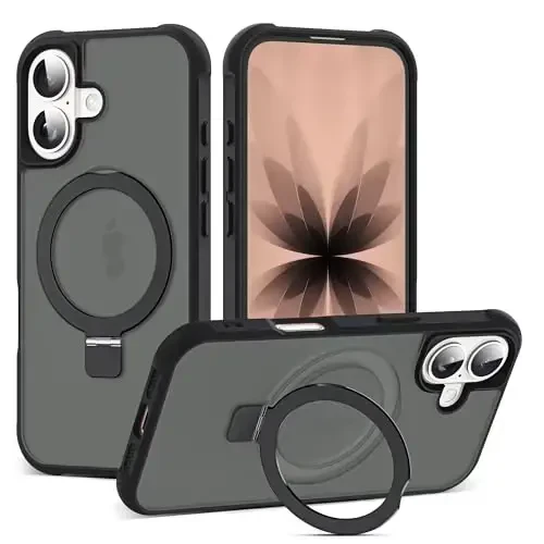 SKYLMW iPhone 17 uchun g‘ilof, ko‘rinmas magnit O-ringli stend bilan, harbiy standartdagi yarim shaffof telefon g‘ilofi iPhone 17 6.3