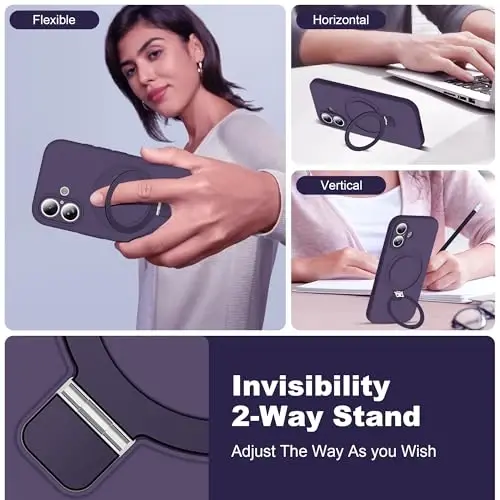 SKYLMW iPhone 17 uchun g‘ilof, magnitli ko‘rinmas stend bilan, Mag-Safe bilan mos, harbiy darajadagi zarbaga chidamli silikon iPhone 17 telefon g‘iloflari ayollar va erkaklar uchun 6.3