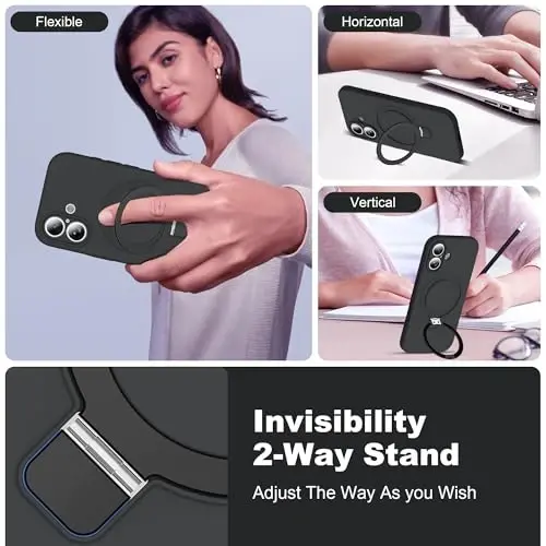 SKYLMW iPhone 17 uchun g'ilof, magnitli ko'rinmas stend bilan mos, Mag-Safe harbiycha sinovdan o'tgan zarbaga chidamli silikon iPhone 17 ayollar va erkaklar uchun telefon g'ilofi 6.3