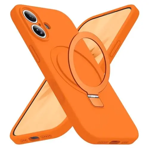 SKYLMW iPhone 17 uchun magnitli ko'rinmas stendga ega g'ilof, Mag-Safe bilan mos, harbiy darajadagi zarbalarga chidamli silikon korpus, ayollar va erkaklar uchun, 6.3 dyuym, to'q sariq. - 1